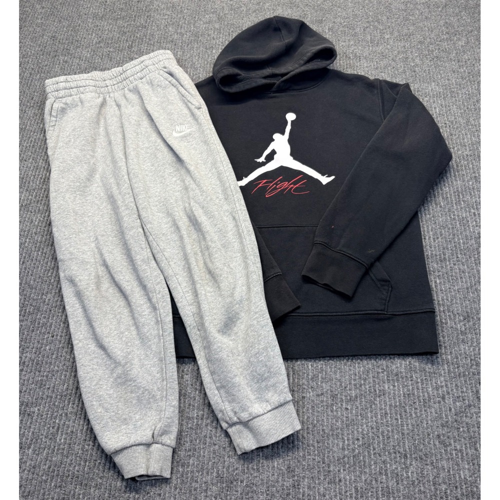 Jordan Kids Flight Hoodie Black and Nike Gray Jogger Pants Set Size Large 12-13Y